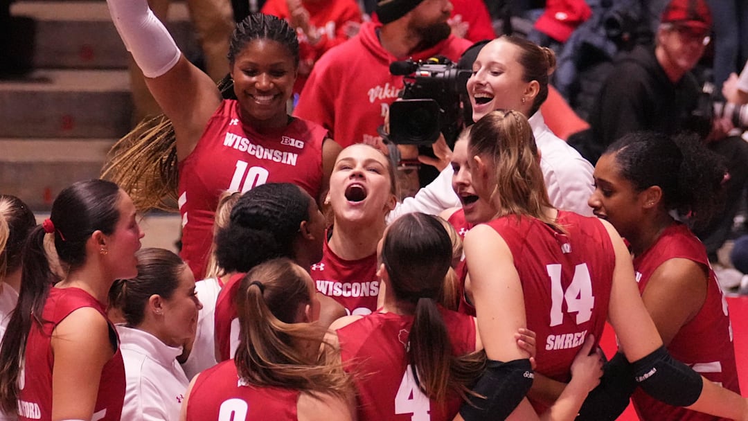 Wisconsin players celebrate a 3-1 victory over Michigan State on Saturday, November 30, 2024 at the UW Field House in Madison, Wisconsin.