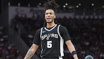 Feb 26, 2025; Houston, Texas, USA; San Antonio Spurs guard Stephon Castle (5) reacts after a play during the second quarter against the Houston Rockets at Toyota Center. Mandatory Credit: Troy Taormina-Imagn Images
