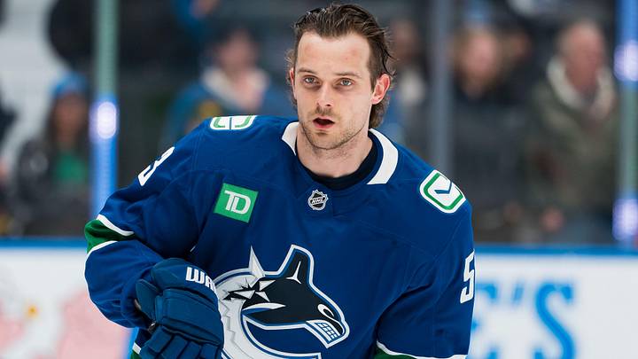 Apr 14, 2026; Vancouver, British Columbia, CAN; Vancouver Canucks forward Teddy Blueger (53) skates in warm up prior to a game against the Los Angeles Kings at Rogers Arena. Mandatory Credit: Bob Frid-Imagn Images