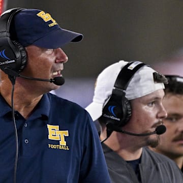 Aug 30, 2025; Dallas, Texas, USA; East Texas A&M Lions head coach Clint Dolezel looks on during the game between the Southern Methodist Mustangs and the East Texas A&M Lions at Gerald J. Ford Stadium. Mandatory Credit: Jerome Miron-Imagn Images