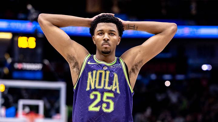 Dec 30, 2024; New Orleans, Louisiana, USA;  New Orleans Pelicans guard Trey Murphy III (25) reacts to a foul called against the LA Clippers during the second half at Smoothie King Center. Mandatory Credit: Stephen Lew-Imagn Images