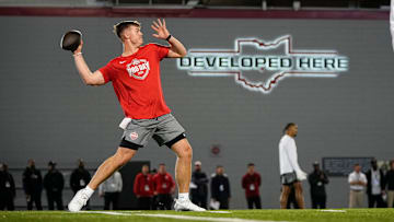 Ohio State Buckeyes quarterback Will Howard throws during the pro day for NFL scouts at the Woody Hayes Athletic Cente on March 26, 2025.