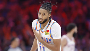 Mar 29, 2025; Oklahoma City, Oklahoma, USA; Oklahoma City Thunder guard Isaiah Joe (11) gestures after scoring against the Indiana Pacers during the second half at Paycom Center. Mandatory Credit: Alonzo Adams-Imagn Images