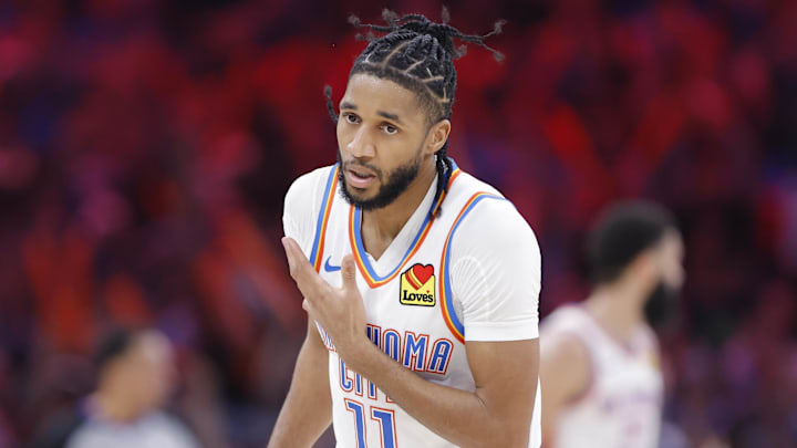 Mar 29, 2025; Oklahoma City, Oklahoma, USA; Oklahoma City Thunder guard Isaiah Joe (11) gestures after scoring against the Indiana Pacers during the second half at Paycom Center. Mandatory Credit: Alonzo Adams-Imagn Images