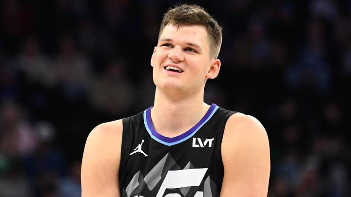 Walker Kessler #24 of the Utah Jazz looks on during the first half of a game against the Minnesota Timberwolves. (Photo by Alex Goodlett/Getty Images)