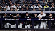 Oct 28, 2024; New York, New York, USA; The New York Yankees dugout during the seventh inning against the Los Angeles Dodgers in game three of the 2024 MLB World Series at Yankee Stadium. 