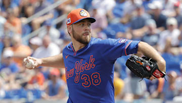 Mar 16, 2025; Port St. Lucie, Florida, USA;  New York Mets pitcher Tylor Megill (38) throws a pitch during first inningagainst the Houston Astros at Clover Park. Mandatory Credit: Reinhold Matay-Imagn Images