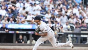 Jun 26, 2024; New York City, New York, USA;  New York Yankees starting pitcher Luis Gil (81) pitches in the first inning against the New York Mets at Citi Field. Mandatory Credit: Wendell Cruz-USA TODAY Sports