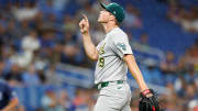 May 28, 2024; St. Petersburg, Florida, USA;  Oakland Athletics pitcher Mason Miller (19) celebrates after beating the Tampa Bay Rays at Tropicana Field