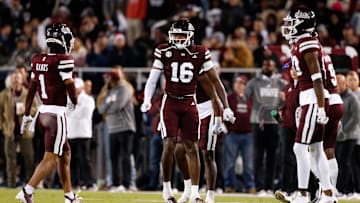 Nov 23, 2023; Starkville, Mississippi, USA; Mississippi State Bulldogs linebacker Zakari Tillman (16) reacts during the first half against the Mississippi Rebels at Davis Wade Stadium at Scott Field. Mandatory Credit: Petre Thomas-Imagn Images