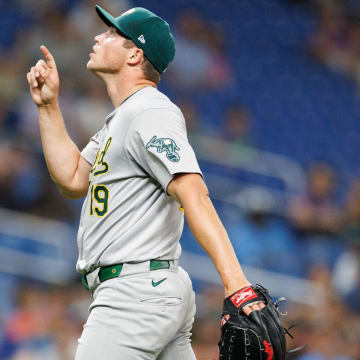 May 28, 2024; St. Petersburg, Florida, USA;  Oakland Athletics pitcher Mason Miller (19) celebrates after beating the Tampa Bay Rays at Tropicana Field.