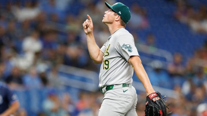 May 28, 2024; St. Petersburg, Florida, USA;  Oakland Athletics pitcher Mason Miller (19) celebrates after beating the Tampa Bay Rays at Tropicana Field.