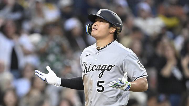 May 1, 2026; San Diego, California, USA; Chicago White Sox first baseman Munetaka Murakami (5) looks skyward after hitting a three-run home run during the second inning against the San Diego Padres at Petco Park. Mandatory Credit: Denis Poroy-Imagn Images