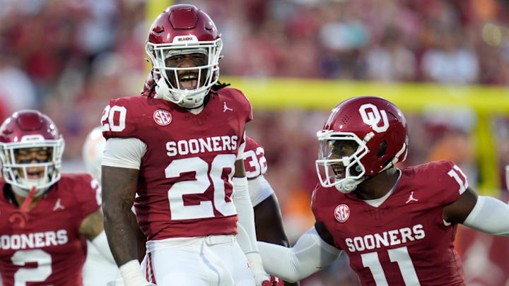 Oklahoma Sooners linebacker Lewis Carter (20) and linebacker Kobie McKinzie (11) celebrate during a college football game between the University of Oklahoma Sooners (OU) and the Tennessee Volunteers at Gaylord Family - Oklahoma Memorial Stadium in Norman, Okla., Saturday, Sept. 21, 2024.