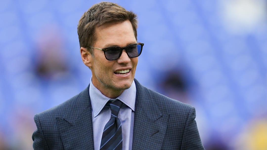 Oct 12, 2025; Baltimore, Maryland, USA; Fox Sports announcer Tom Brady Mandatory Credit: Mitch Stringer-Imagn Images