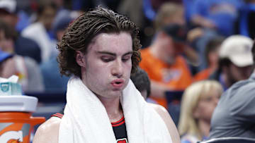 Mar 31, 2025; Oklahoma City, Oklahoma, USA; Chicago Bulls guard Josh Giddey (3) sits on the bench during the second half against the Oklahoma City Thunder at Paycom Center. Mandatory Credit: Alonzo Adams-Imagn Images