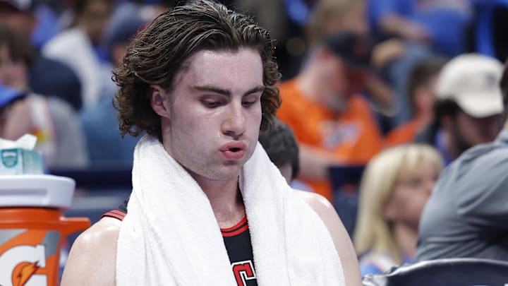 Mar 31, 2025; Oklahoma City, Oklahoma, USA; Chicago Bulls guard Josh Giddey (3) sits on the bench during the second half against the Oklahoma City Thunder at Paycom Center. Mandatory Credit: Alonzo Adams-Imagn Images