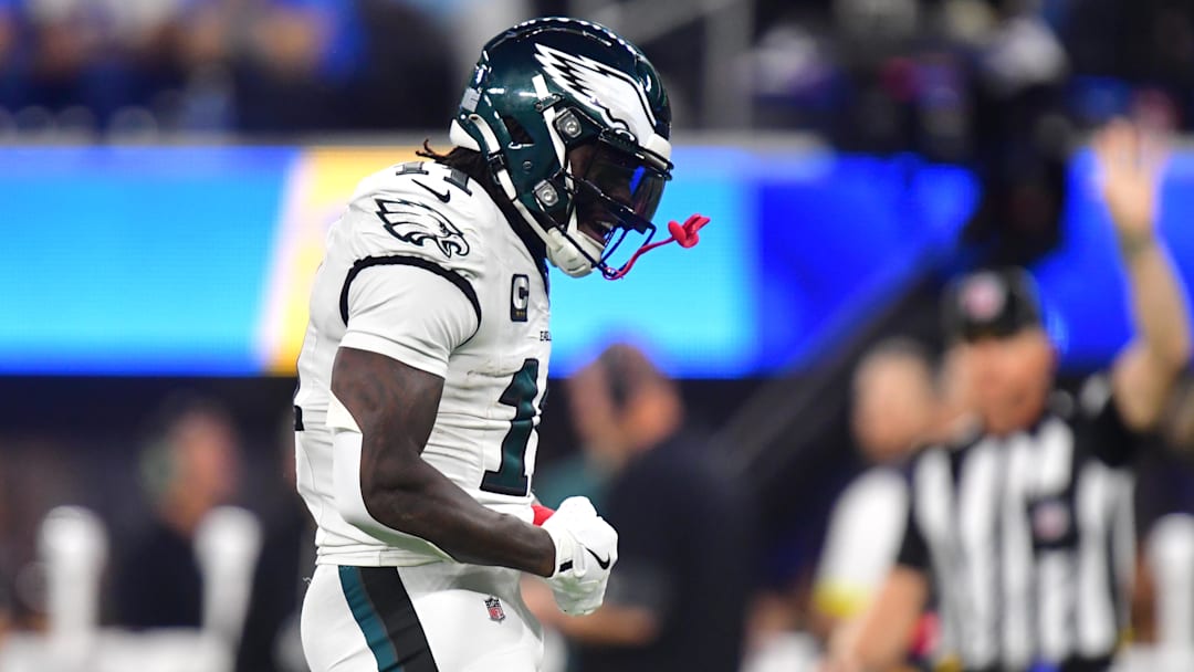 Dec 8, 2025; Inglewood, California, USA; Philadelphia Eagles wide receiver A.J. Brown (11) reacts in the second half against the Los Angeles Chargers at SoFi Stadium. Mandatory Credit: Gary A. Vasquez-Imagn Images