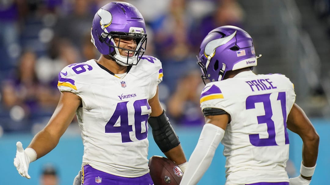 Minnesota Vikings tight end Bryson Nesbit (46) celebrates his touchdown with wide receiver Myles Price (31) during the third quarter of an NFL pre-season game against the Tennessee Titans at Nissan Stadium in Nashville, Tenn., Friday, Aug. 22, 2025.