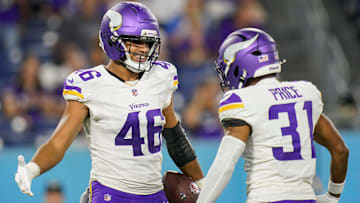 Minnesota Vikings tight end Bryson Nesbit (46) celebrates his touchdown with wide receiver Myles Price (31) during the third quarter of an NFL pre-season game against the Tennessee Titans at Nissan Stadium in Nashville, Tenn., Friday, Aug. 22, 2025.