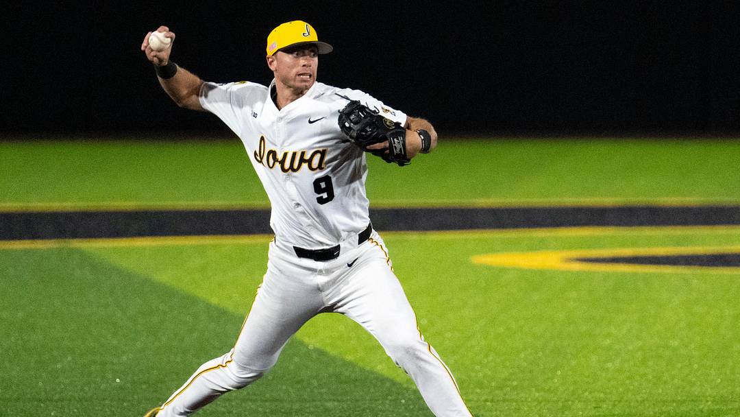 Iowa shortstop Kooper Schulte (9) throws the ball to first base May 1, 2026 during a Big Ten baseball game against the Illinois Fighting Illini at Duane Banks Field in Iowa City, Iowa. Iowa shortstop Kooper Schulte (9) throws the ball to first base May 1, 2026 during a Big Ten baseball game against the Illinois Fighting Illini at Duane Banks Field in Iowa City, Iowa.