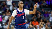 Oct 15, 2025; Sacramento, California, USA; Los Angeles Clippers guard Chris Paul (3) gestures towards a teammate during the third quarter against the Sacramento Kings at Golden 1 Center. Mandatory Credit: Sergio Estrada-Imagn Images