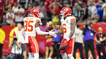 Feb 9, 2025; New Orleans, LA, USA;  Kansas City Chiefs safety Bryan Cook (6) celebrates with teammate Jaylen Watson (35) after an interception against the Philadelphia Eagles in the second quarter in Super Bowl LIX at Ceasars Superdome. Mandatory Credit: Mark J. Rebilas-Imagn Images