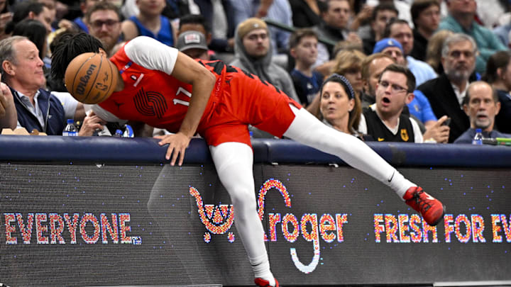 Dec 23, 2024; Dallas, Texas, USA; Portland Trail Blazers guard Shaedon Sharpe (17) dives for the ball during the second half against the Dallas Mavericks at the American Airlines Center. Mandatory Credit: Jerome Miron-Imagn Images
