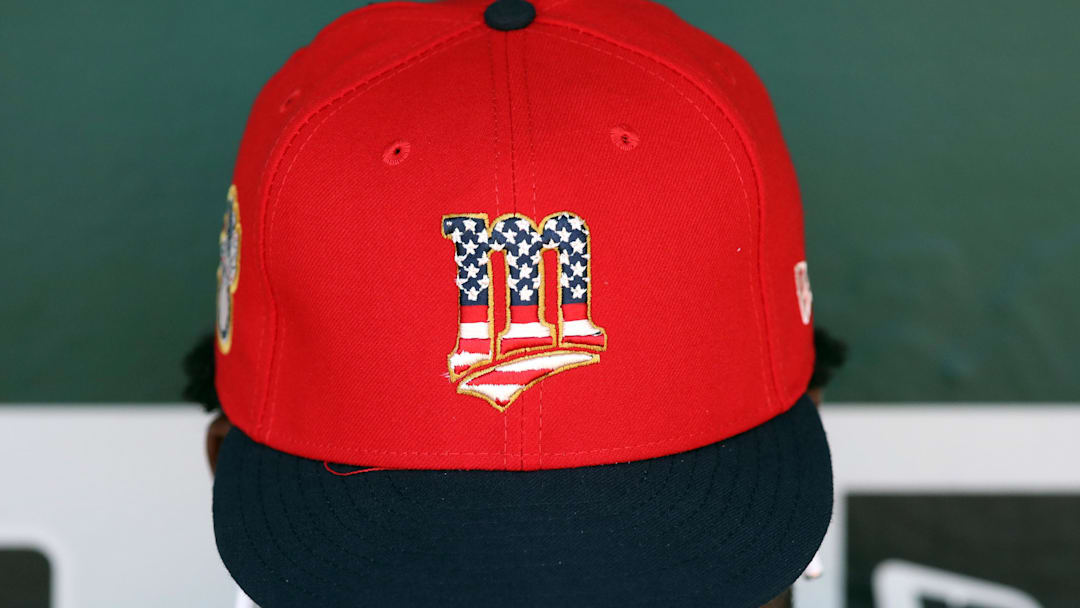 Jul 4, 2019; Oakland, CA, USA; Minnesota Twins players wear commemorative hats as seen before the game against the Oakland Athletics at Oakland Coliseum. 