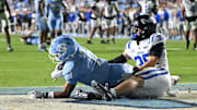 Nov 22, 2025; Chapel Hill, North Carolina, USA; North Carolina Tar Heels wide receiver Jordan Shipp (1) scores a touchdown during the second half at Kenan Stadium. Mandatory Credit: William Howard-Imagn Images