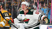 Apr 20, 2025; Las Vegas, Nevada, USA; Minnesota Wild left wing Matt Boldy (12) celebrates after scoring a goal against the Vegas Golden Knights during the first period of game one of the first round of the 2025 Stanley Cup Playoffs at T-Mobile Arena. Mandatory Credit: Stephen R. Sylvanie-Imagn Images