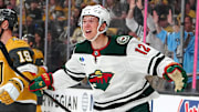 Apr 20, 2025; Las Vegas, Nevada, USA; Minnesota Wild left wing Matt Boldy (12) celebrates after scoring a goal against the Vegas Golden Knights during the first period of game one of the first round of the 2025 Stanley Cup Playoffs at T-Mobile Arena. Mandatory Credit: Stephen R. Sylvanie-Imagn Images