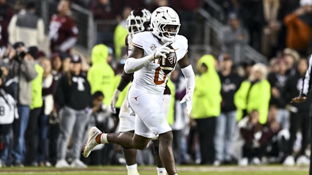 Texas Longhorns linebacker Anthony Hill Jr. after recovering a fumble against the Texas A&M Aggies
