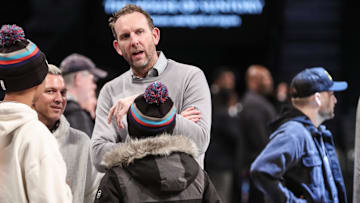 Jan 29, 2024; Brooklyn, New York, USA;  Brooklyn Nets general manager Sean Marks court side prior to the game against the Utah Jazz at Barclays Center. Mandatory Credit: Wendell Cruz-Imagn Images