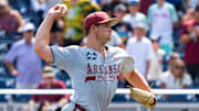  Arkansas Razorbacks starting pitcher Gage Wood (14) pitches against the Murray State Racers during the ninth inning at Charles Schwab Field. 