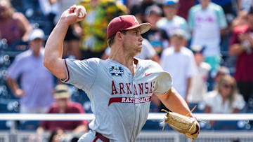  Arkansas Razorbacks starting pitcher Gage Wood (14) pitches against the Murray State Racers during the ninth inning at Charles Schwab Field. 