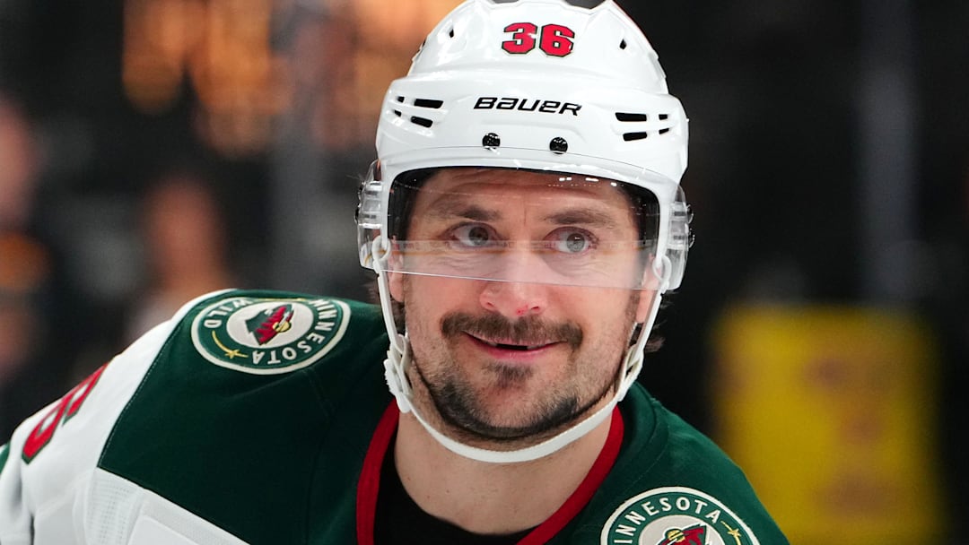 Apr 29, 2025; Las Vegas, Nevada, USA; Minnesota Wild right wing Mats Zuccarello (36) warms up before the start of game five of the first round of the 2025 Stanley Cup Playoffs against the Vegas Golden Knights at T-Mobile Arena. Mandatory Credit: Stephen R. Sylvanie-Imagn Images