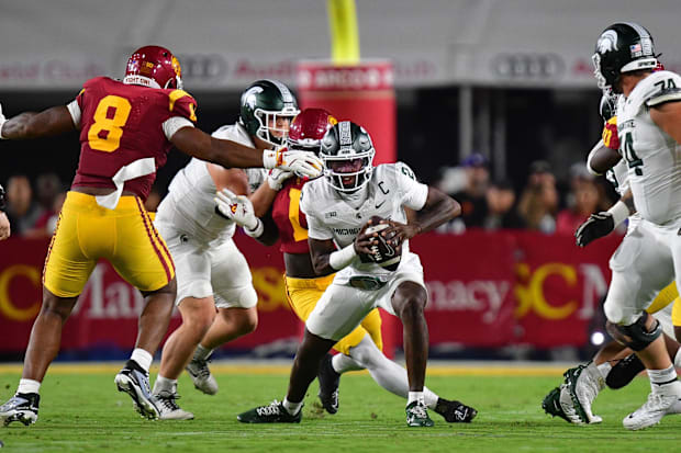 Michigan State Spartans quarterback Aidan Chiles presents a challenge for the Blackshirts, with his ability to run and extend