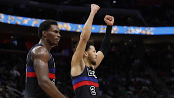 Feb 2, 2024; Detroit, Michigan, USA;  Detroit Pistons center Jalen Duren (0) and guard Cade Cunningham (2) : Rick Osentoski-Imagn Images