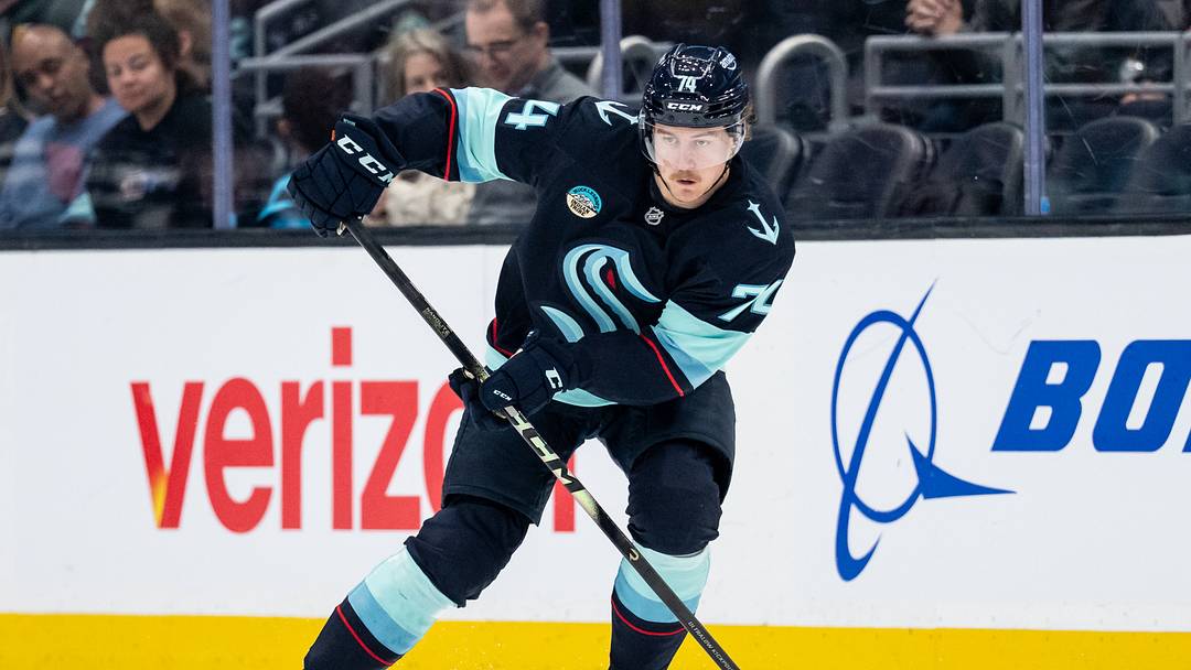 Apr 13, 2026; Seattle, Washington, USA; Seattle Kraken forward Bobby McMann (74) skates with the puck against the Los Angeles Kings at Climate Pledge Arena. Mandatory Credit: Stephen Brashear-Imagn Images