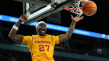 Nov 25, 2025; Las Vegas, Nevada, USA; Iowa State Cyclones guard Killyan Toure (27) celebrates after dunking the ball against the Creighton Bluejays during the first half in a 2025 Players Era Festival group play game at Michelob Ultra Arena.