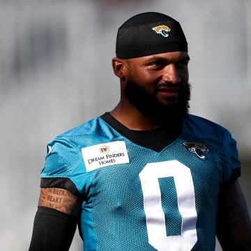 Jul 24, 2024; Jacksonville, FL, USA; Jacksonville Jaguars  wide receiver Gabe Davis (0) participates in training camp at Miller Electric Center. Mandatory Credit: Nathan Ray Seebeck-USA TODAY Sports