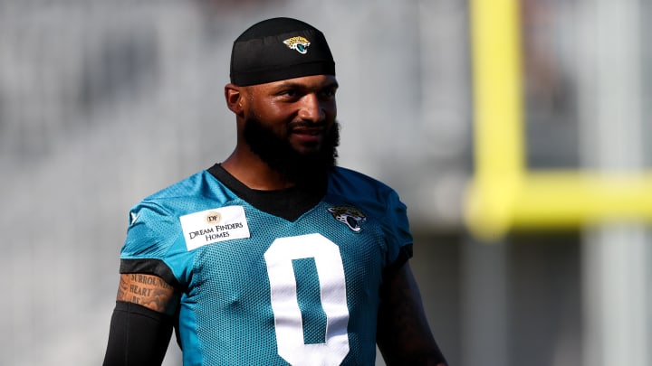 Jul 24, 2024; Jacksonville, FL, USA; Jacksonville Jaguars  wide receiver Gabe Davis (0) participates in training camp at Miller Electric Center. Mandatory Credit: Nathan Ray Seebeck-USA TODAY Sports