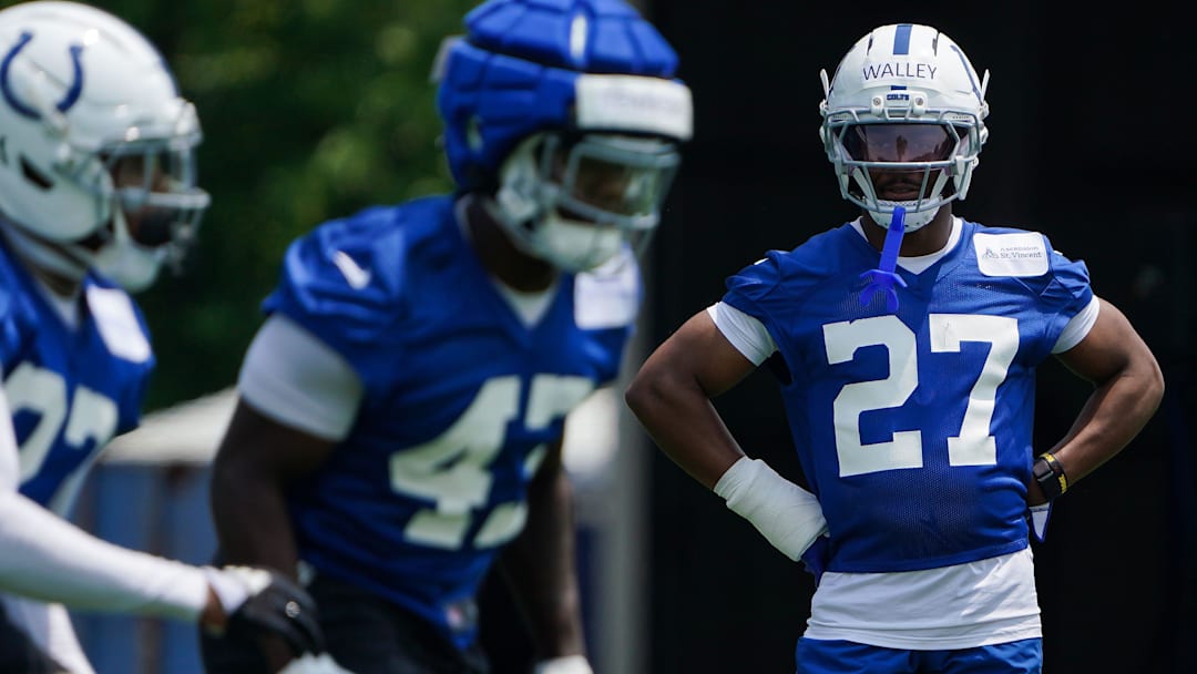 Indianapolis Colts cornerback Justin Walley (27) stands on the field Tuesday, June 10, 2025, during NFL Colts mandatory mini camp at the Indiana Farm Bureau Football Center in Indianapolis.