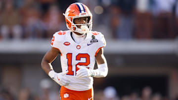 Dec 21, 2024; Austin, Texas, USA; Clemson Tigers wide receiver Bryant Wesco Jr. (12) against the Texas Longhorns during the CFP National playoff first round at Darrell K Royal-Texas Memorial Stadium. Mandatory Credit: Mark J. Rebilas-Imagn Images