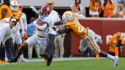 Oct 15, 2022; Knoxville, Tennessee, USA; Alabama Crimson Tide wide receiver Kobe Prentice (80) runs the ball against Tennessee Volunteers defensive back De'Shawn Rucker (28) during the second half at Neyland Stadium. Mandatory Credit: Randy Sartin-USA TODAY Sports