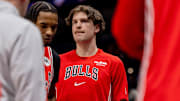 Nov 24, 2025; New Orleans, Louisiana, USA;  Chicago Bulls center Lachlan Olbrich (47) looks on against the New Orleans Pelicans during the first half at Smoothie King Center. Mandatory Credit: Stephen Lew-Imagn Images