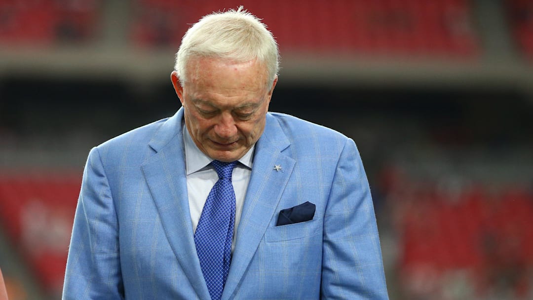 Sep 25, 2017; Glendale, AZ, USA; Dallas Cowboys owner Jerry Jones reacts prior to the game against the Arizona Cardinals at University of Phoenix Stadium. Mandatory Credit: Mark J. Rebilas-Imagn Images