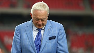 Sep 25, 2017; Glendale, AZ, USA; Dallas Cowboys owner Jerry Jones reacts prior to the game against the Arizona Cardinals at University of Phoenix Stadium. Mandatory Credit: Mark J. Rebilas-Imagn Images