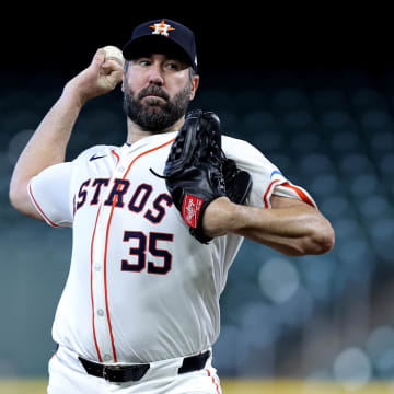 Aug 4, 2024; Houston, Texas, USA; Houston Astros starting pitcher Justin Verlander (35) warms up prior to the game against the Tampa Bay Rays at Minute Maid Park. 